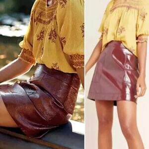 Maeve by Anthropologie Faux Patent Leather Skirt  - Wine Bordeaux Brown - Size 0